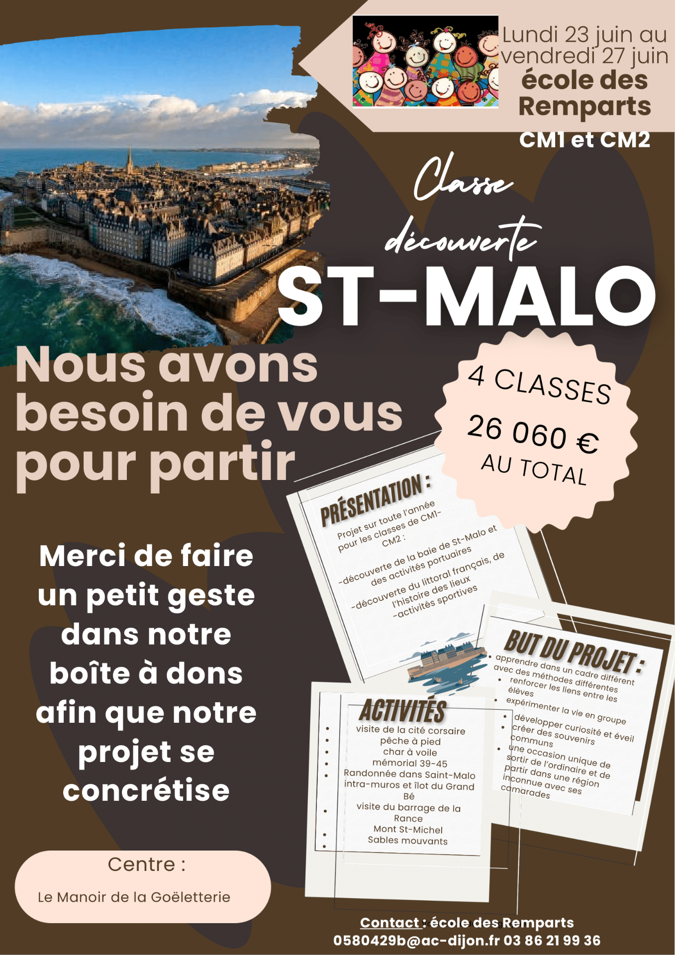🚶🚶‍♀️ Les élèves de CM1-CM2 de l'école des remparts de La Charité font appel à vos dons pour partir en classe découverte à Saint-Malo.